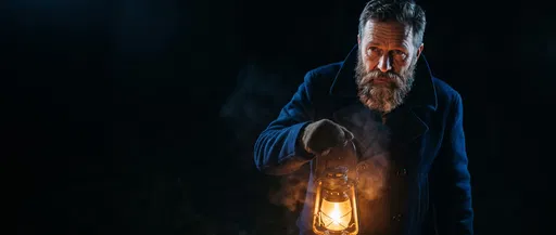 Bearded Man Holding Glowing Lantern in Darkness