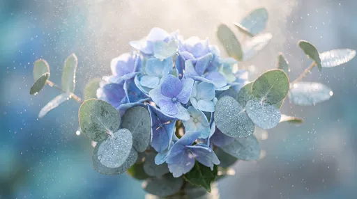 Backlit Blue Hydrangea and Eucalyptus Bouquet