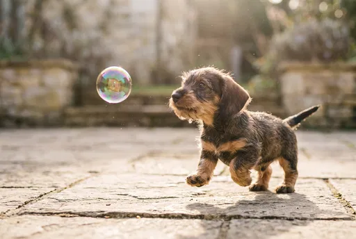 Wire-Haired Dachshund Puppy Chasing Soap Bubble