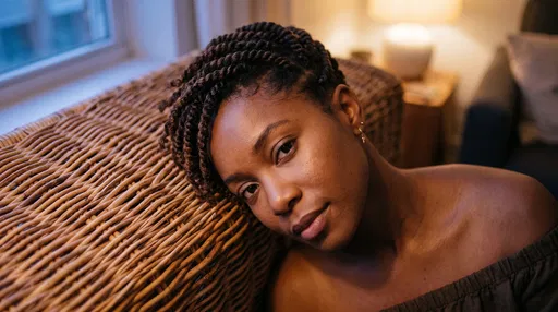 Woman With Short Twists Resting On Rattan