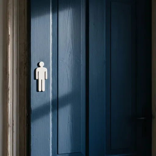 White Male Restroom Sign on Blue Door