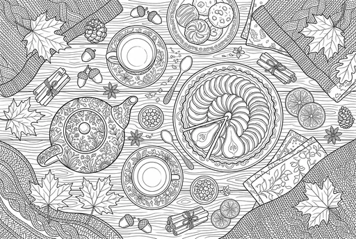Autumn Tea Party Adult Coloring Page