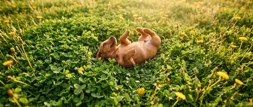 Dachshund Puppy Rolling in Sunny Clover Field