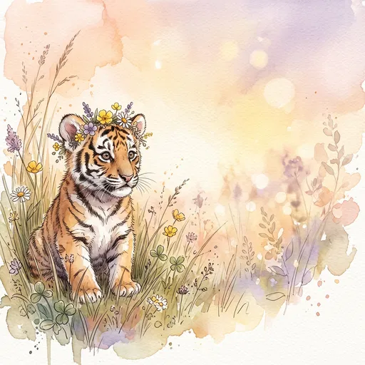 Watercolor Baby Tiger with Flower Crown