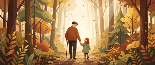 Grandfather and Granddaughter in Autumn Forest