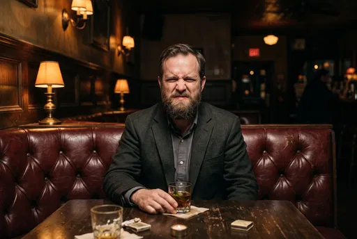 Bearded Man Grimacing at Bar Table