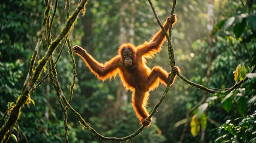 Young Orangutan Swinging on Rainforest Vines