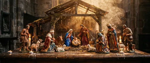 Traditional Painted Nativity Set With Candlelight