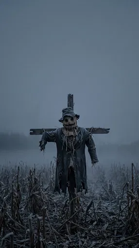 Creepy Burlap Scarecrow in Foggy Cornfield