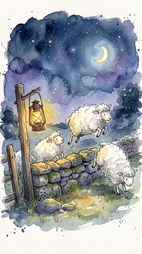 Watercolor Sheep Jumping Over Stone Wall