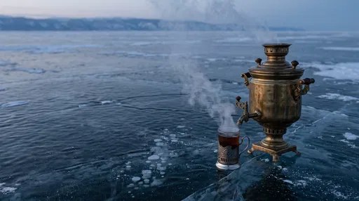 Brass Samovar and Tea on Frozen Lake