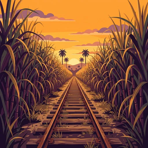 Railway Track Through Sugar Cane at Sunset