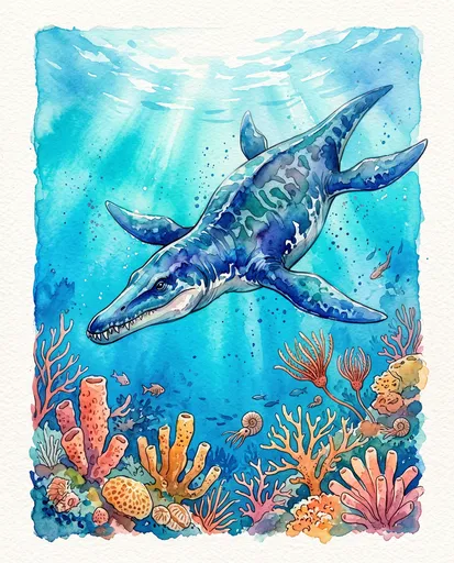 Watercolor Liopleurodon Swimming Over Coral Reef