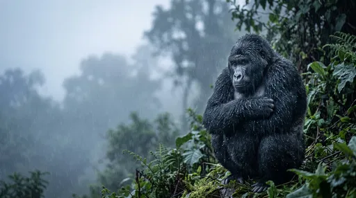 Mountain Gorilla Huddled in Misty Highland Rain