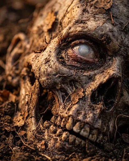 Close-Up of Decaying Zombie Face in Dirt