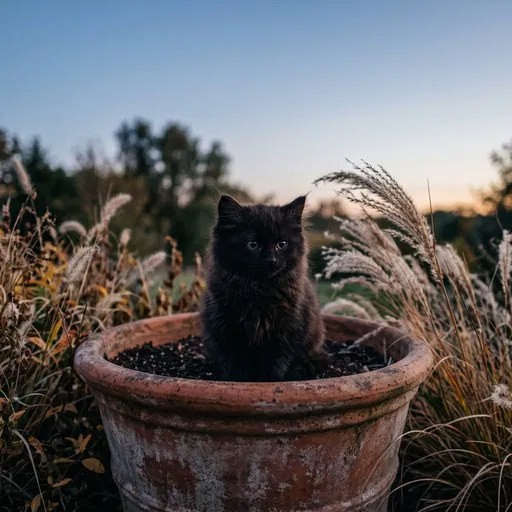 Black Kitten in Terracotta Planter at Dusk