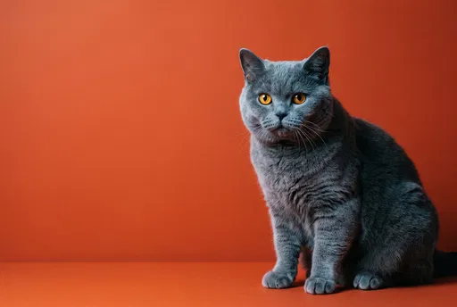 British Shorthair Cat on Orange Backdrop