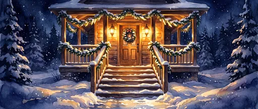 Snowy Cabin Porch Watercolor at Night