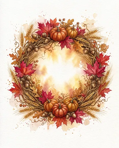 Watercolor Autumn Harvest Wreath Illustration