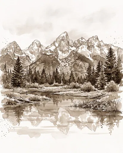 Sepia Watercolor Illustration of Teton Mountains