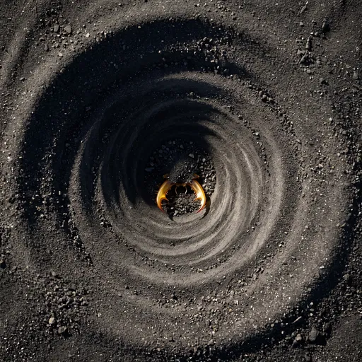 Antlion Pincers in Dark Volcanic Sand Funnel