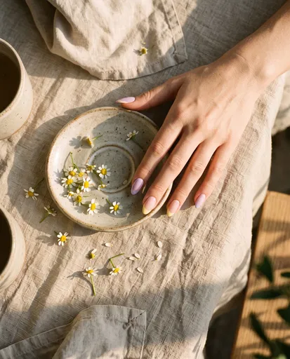 Hand With Pastel Almond Nails and Chamomile