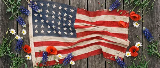 Vintage American Flag With Wildflowers on Wood