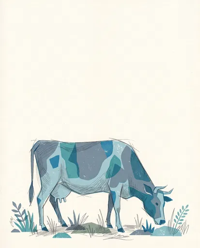 Stylized Blue Grazing Cow Illustration