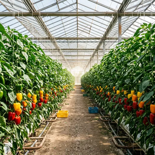 Bell Peppers Growing in Sunny Greenhouse