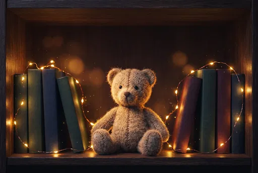 Knitted Teddy Bear on Illuminated Bookshelf