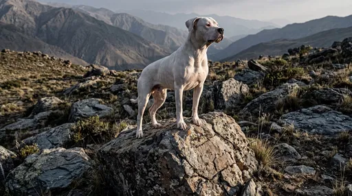 White Dogo Argentino on Mountain Boulder