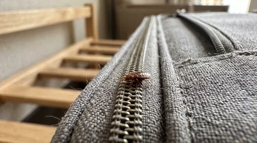 Bed Bug Crawling on Suitcase Zipper