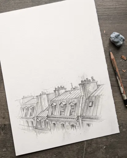 Pencil Sketch of European Rooftops on Paper