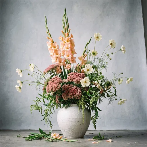 Peach Gladiolus and Pink Sedum Floral Arrangement