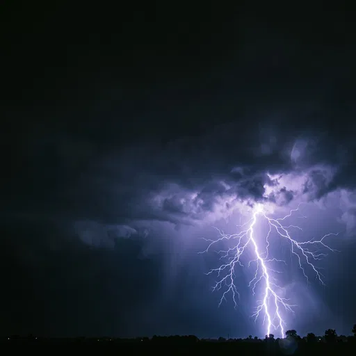 Branching Violet Lightning Strike at Night