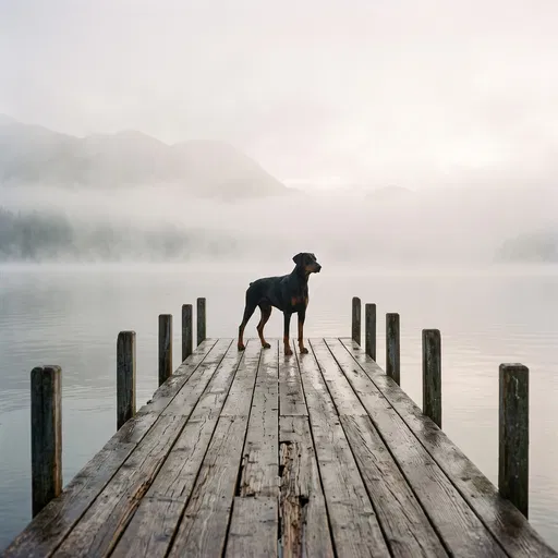 Doberman Standing on Foggy Lake Dock