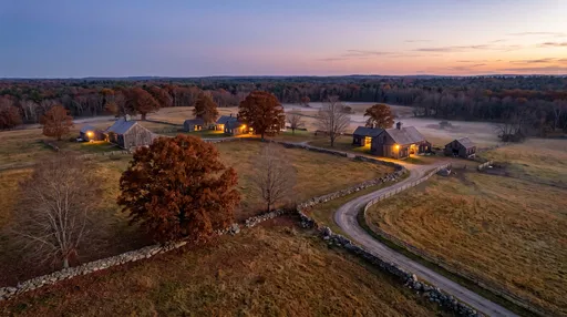 Aerial View of New England Farm at Dusk