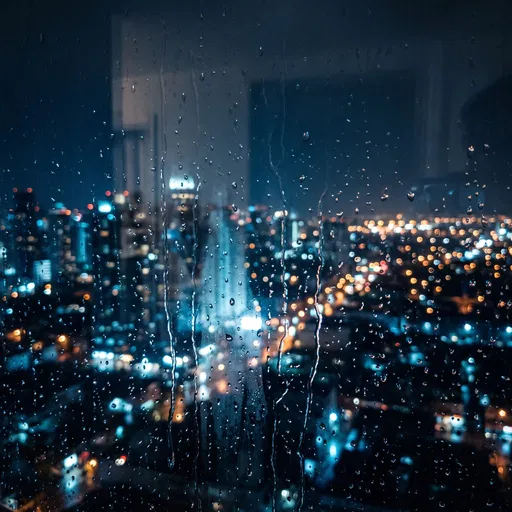 Rainy Window Overlooking Night Cityscape