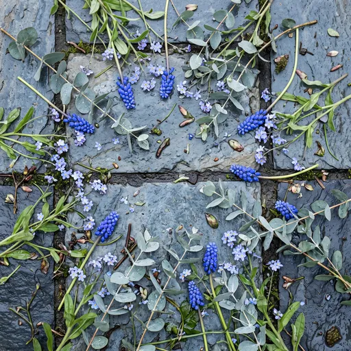Blue Spring Flowers on Wet Slate