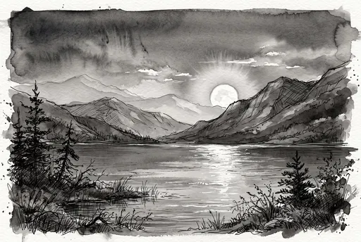 Monochrome Ink Wash Mountain Lake Moonrise