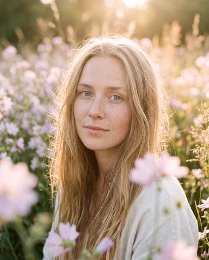 Blonde Woman in Summer Wildflower Meadow