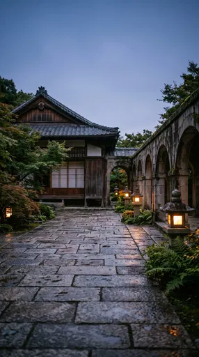 Japanese Pavilion and Stone Cloister at Dusk