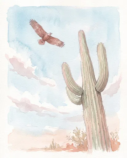 Watercolor Eagle Soaring Over Saguaro Cactus