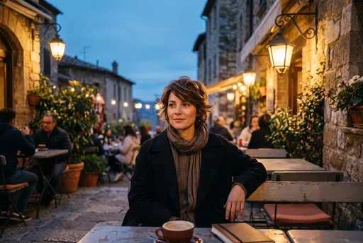 Woman Sitting at Outdoor Cafe at Dusk