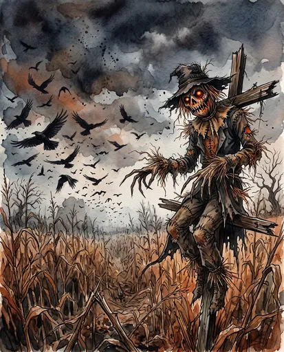 Sinister Scarecrow Gothic Watercolor Illustration