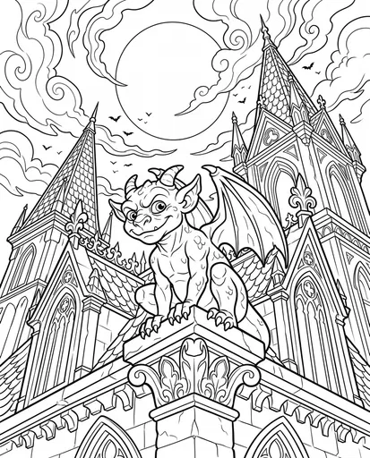 Whimsical Gargoyle Gothic Rooftop Coloring Page
