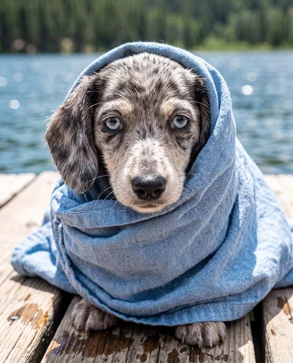 Dachshund Puppy Wrapped in Blue Towel