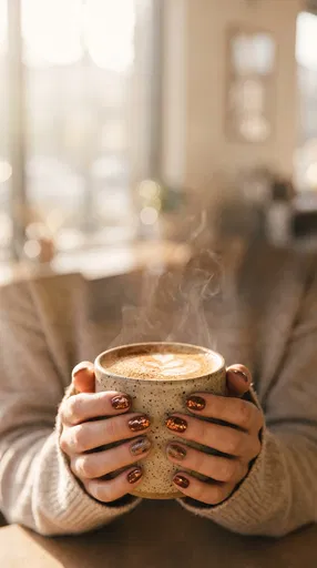 Hands Holding Steaming Latte With Copper Nail Art