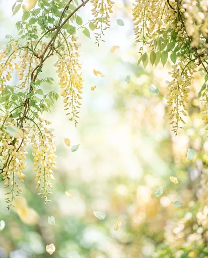 Yellow Wisteria Vines Framing Bright Bokeh Background