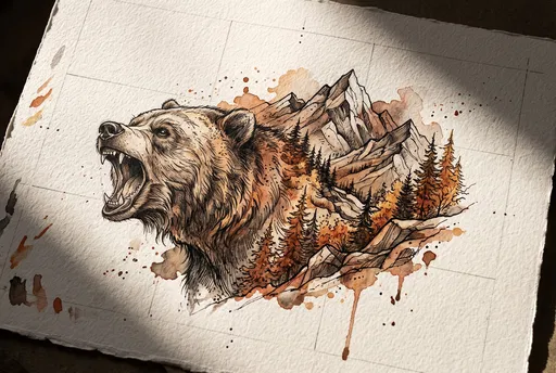 Watercolor Bear and Mountain Tattoo Concept
